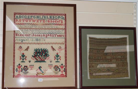 A Victorian wool sampler by Eleanor Jones, 1885 and two Georgian samplers by Ann Hewitt, 1788 and Jane Hewitt, 1798, largest 20 x 16in.